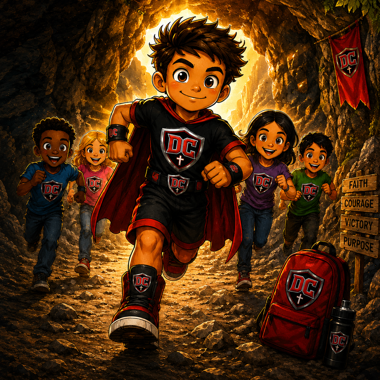Dustin Courageous and friends running through a glowing cave for the Adventure Club